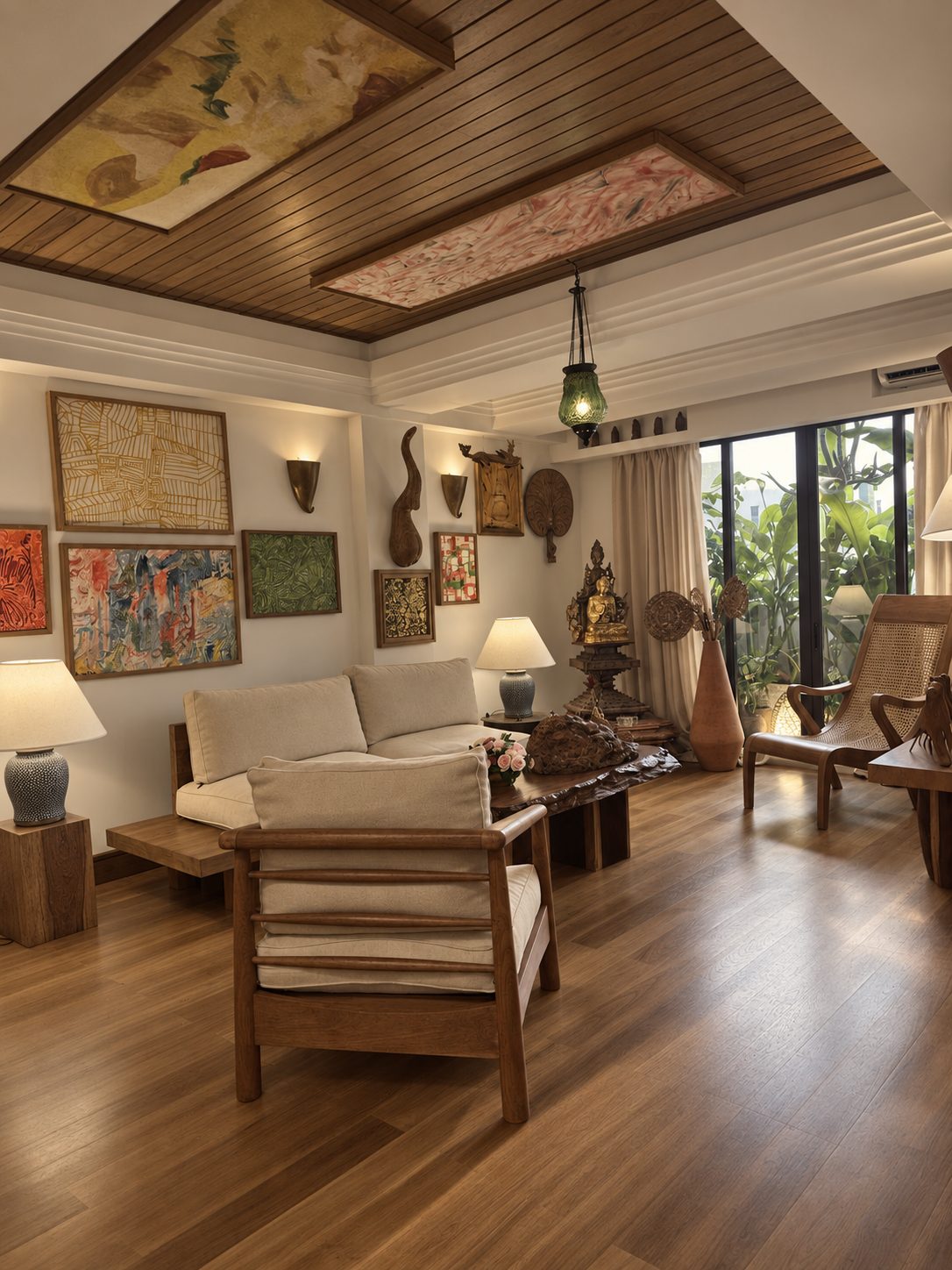Parami Valley drawing room with teak ceiling and framed art panels