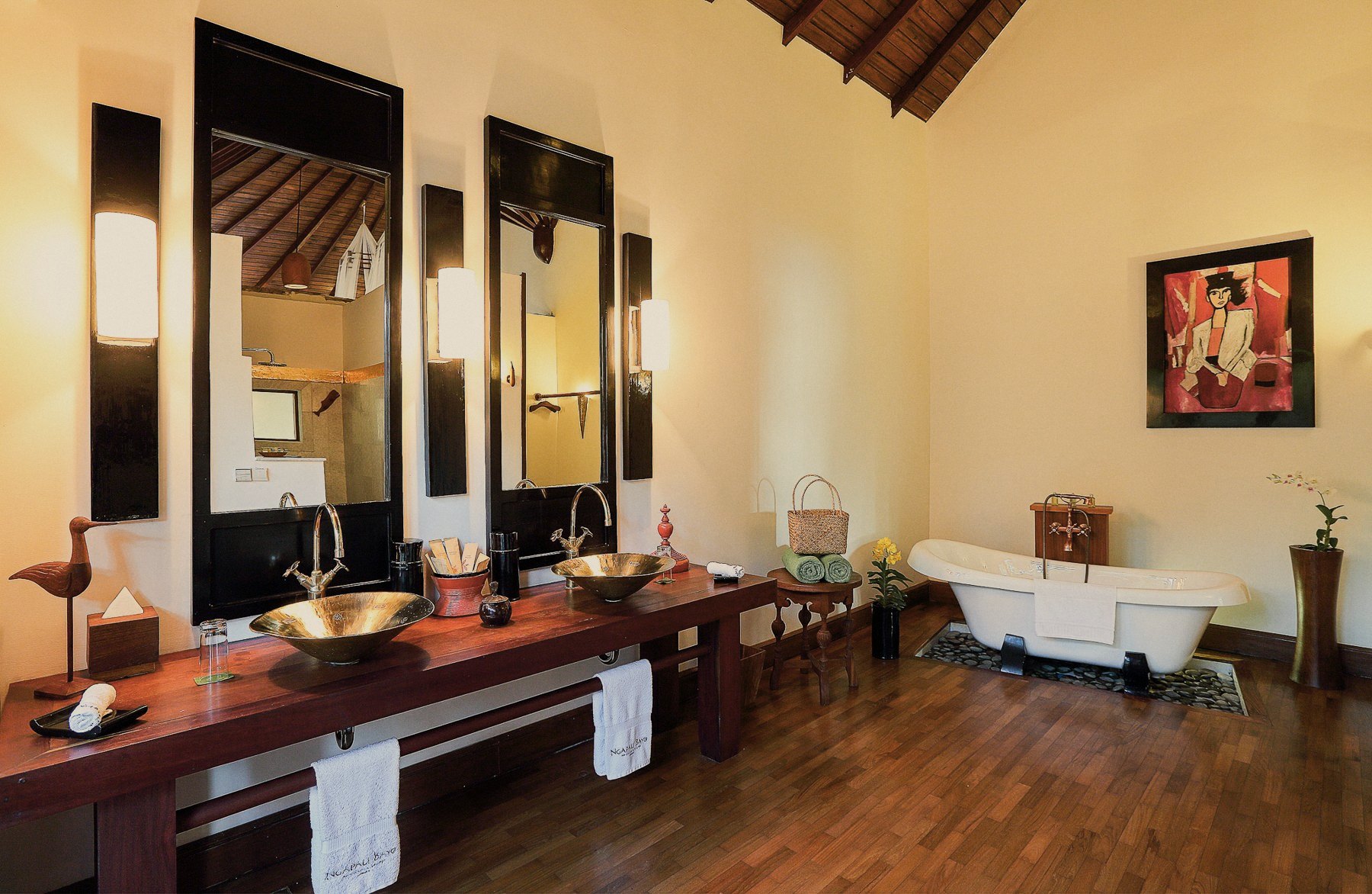 Ngapali Bay villa bathroom with brass basins