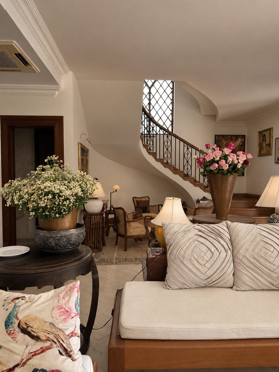 Living room with spiral staircase