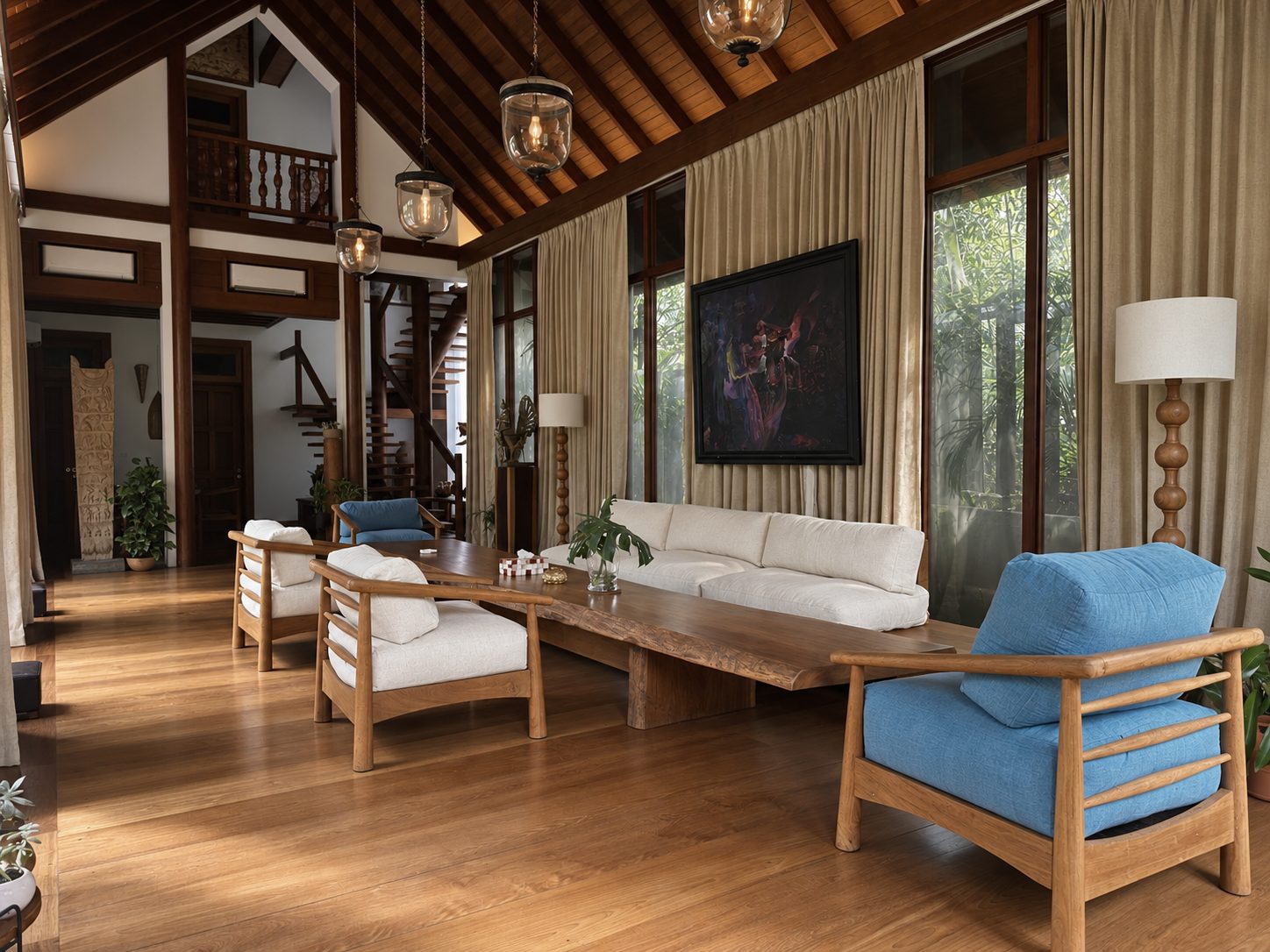 Villa living room with vaulted teak ceiling