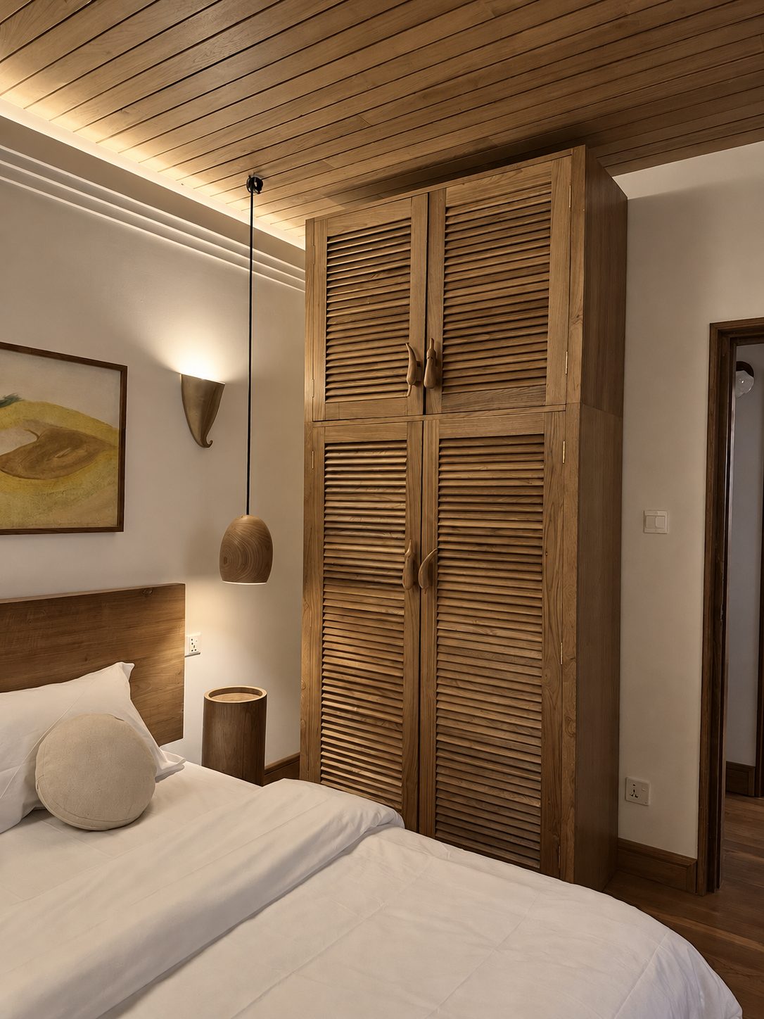 Louvred teak wardrobe